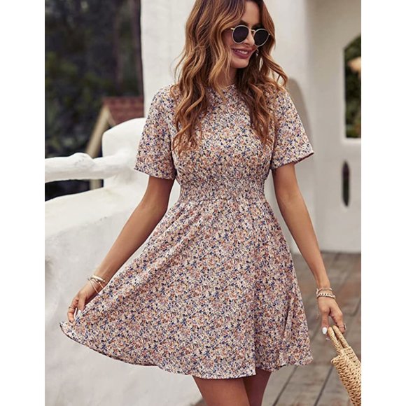 Multicolor Floral Printed A-Line Belted Mock Turtleneck Short Sleeve Mini Dress - Picture 7 of 8
